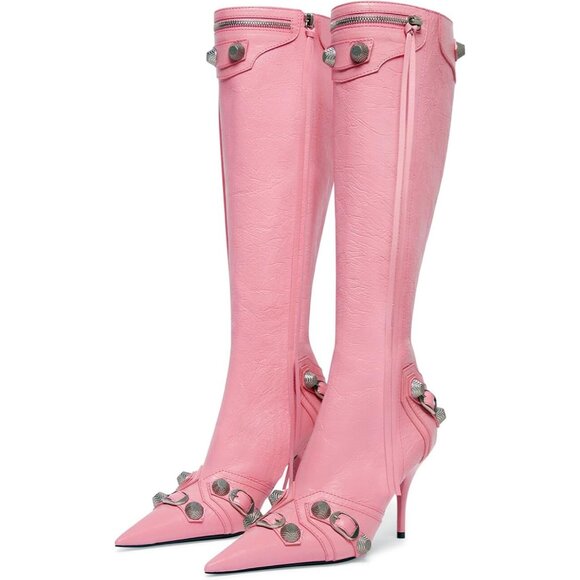 Women's Faux Leather Pink Stiletto Knee High Pointed Toe High Heel Zipper Boots - Picture 1 of 7